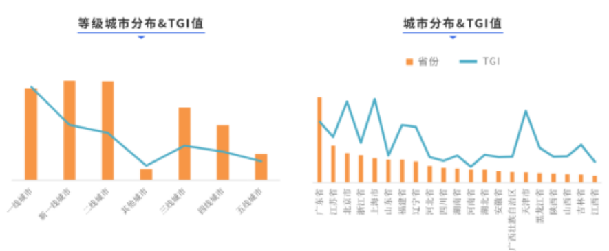 主要投放客户门店所在城市/区县，或选择门店/商圈附近半径范围。从消费地域来看，投放城市主要集中在新一线/一/二线城市，其中，一线城市（北京、上海）TGI数值最高，三四五线城市近年需求逐渐上涨。