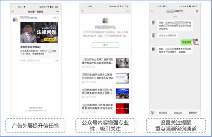 本次投放主要面向律所的业务地区，通过公众号关注，挖掘更多的潜在需求用户，促进律所业务转化。