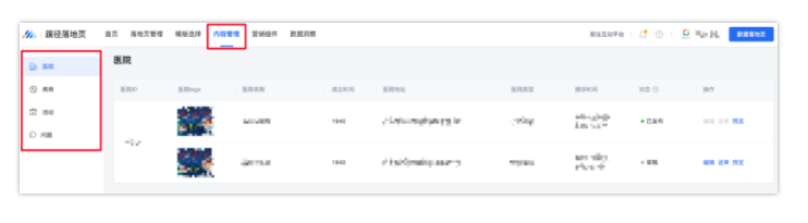 广告主在蹊径的内容管理模块下对医疗信息进行编辑。目前支持医院、疾病、活动与问题共四个板块的编辑。