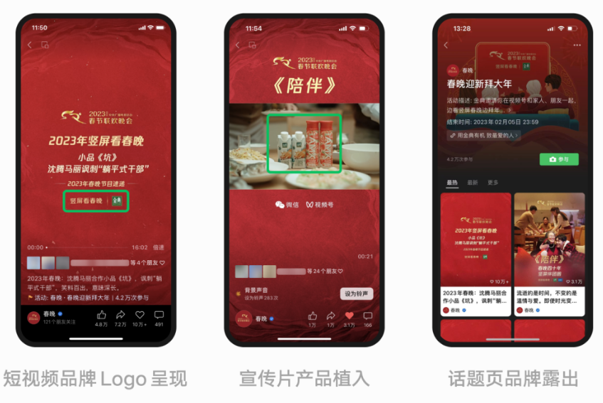 此外，通过“春晚”视频号宣传短视频和“春晚迎新拜大年”话题页植入，品牌获得了更多长效曝光。