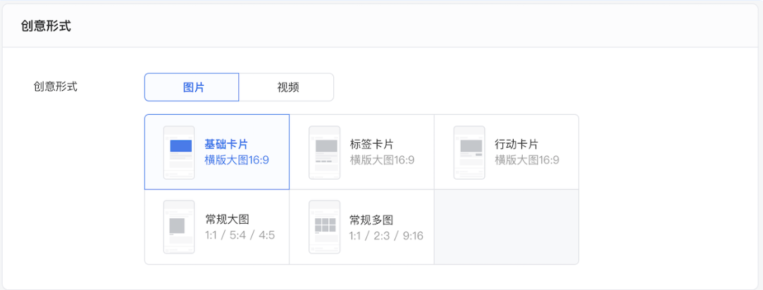 选择广告在流量上的呈现样式，填写对应样式所需的内容。不同广告版位下相同创意形式需填写的信息有所差异，具体请参考“广告形态”专项介绍。