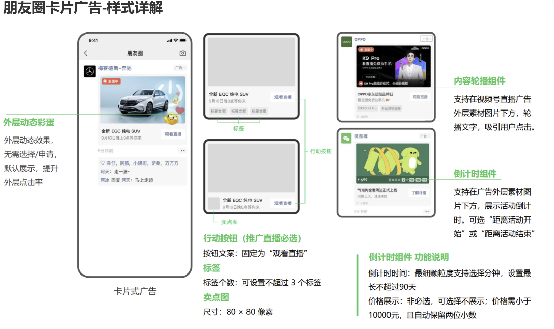 其中，朋友圈的卡片广告样式，品牌形象默认跳转视频号主页，卡片组件设置与展现方式为：