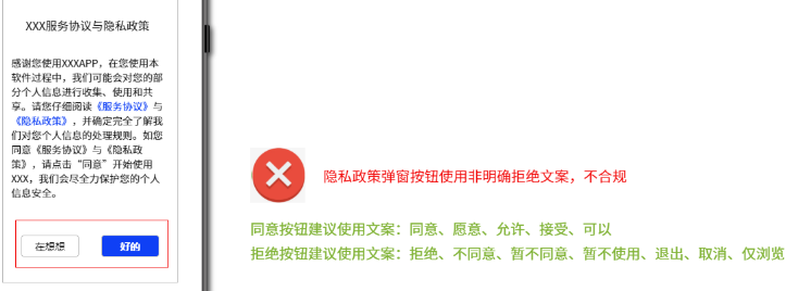 隐私政策弹窗按钮使用非明确拒绝文案，不合规