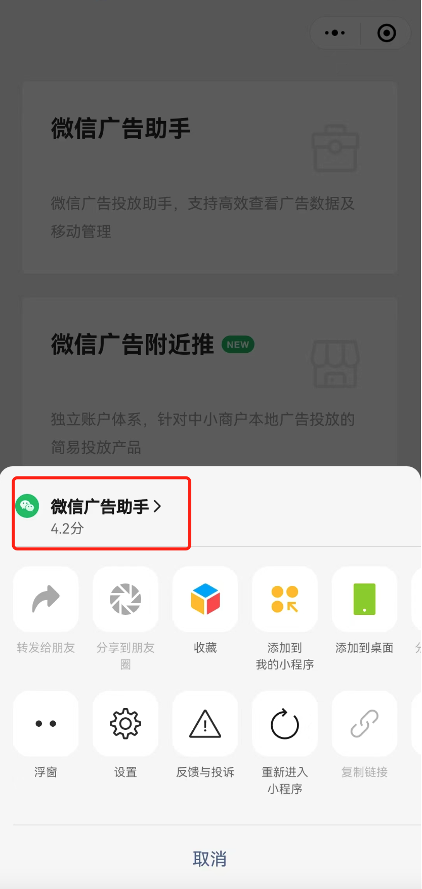 点击半屏页顶部的小程序/小游戏简介