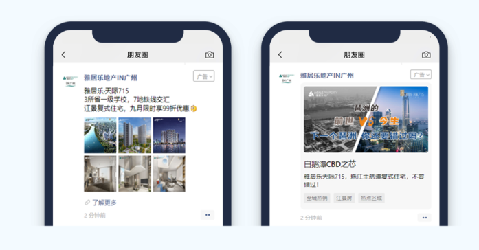 通过微信朋友圈广告投放采用有效定向、原生素材、DMP平台等工具，帮助正在热销的雅居乐天际715项目，实现了总曝光6,372,139次，直接带来成交16套