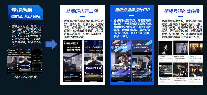 视频号矩阵式传播：随着视频号的兴起，本项目首次集结腾讯新闻旗下视频号矩阵，进行立体化传播，包括腾讯新闻、腾讯娱乐、腾讯新闻财约你、腾讯新闻好奇社、腾讯广告、腾讯新闻营销智库等诸多帐号进行矩阵式分发。