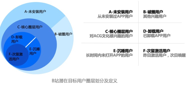 随着B站的业务需求逐渐多元化，核心目标受众呈现细分化的趋势。在前期洞察阶段，B站利用腾讯广告的数据洞察能力，将全网视频用户（潜在目标用户）划分为六大圈层