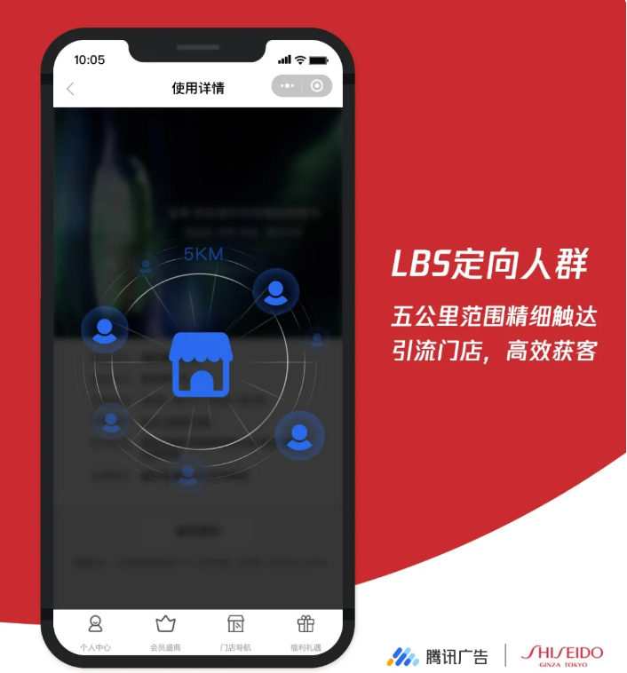 资生堂利用腾讯广告LBS定向能力，以上海新世界大丸百货门店地址为中心投放朋友圈本地广告，进行周围5公里定向辐射，提升用户到店率的同时优化成本利用率。